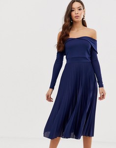 Плиссированное платье миди со спущенными плечами ASOS DESIGN - Темно-синий
