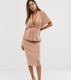 Платье миди с глубоким вырезом и баской ASOS DESIGN - Розовый