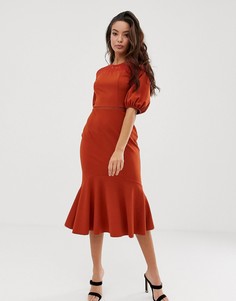 Платье-футляр миди с кружевом и оборкой ASOS DESIGN - Оранжевый