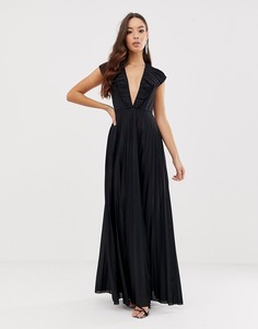 Платье макси с глубоким вырезом и плиссировкой ASOS DESIGN - Черный