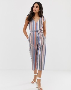 Льняной комбинезон в полоску с завязками на плечах Miss Selfridge - Мульти