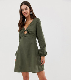 Короткое приталенное платье из льна с черепаховым кольцом ASOS DESIGN Tall - Зеленый