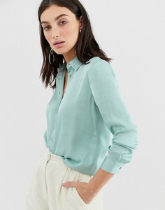 Атласная oversize-рубашка цвета морской волны Stradivarius - Синий