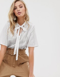 Фактурная хлопковая блузка в полоску с бантиком Vila - Белый