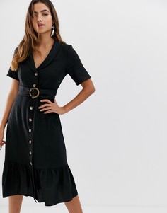 Платье миди на основе льна с пуговицами, поясом и оборкой ASOS DESIGN - Черный