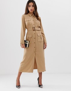 Платье-рубашка миди в стиле милитари с карманами и поясом ASOS DESIGN - Бежевый