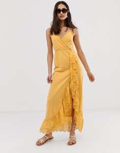 Платье макси с запахом и вышивкой ришелье ASOS DESIGN - Желтый