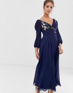 Темно-синие приталенное платье мидакси с цветочной вышивкой Little Mistress - Темно-синий