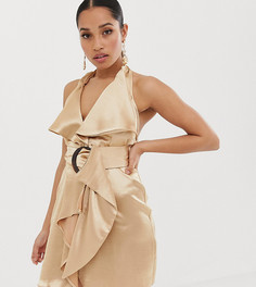 Атласное короткое платье-футляр с поясом и деревянной пряжкой ASOS DESIGN Petite - Золотой