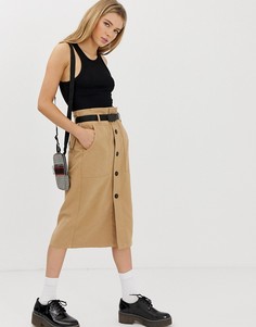 Коричневая юбка миди в стиле милитари с ремнем Bershka - Коричневый