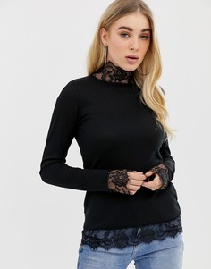 Черный лонгслив с кружевной отделкой PrettyLittleThing - Черный
