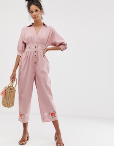 Чайный льняной комбинезон с вышивкой ASOS DESIGN - Мульти