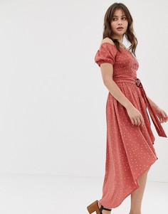 Платье миди с открытыми плечами и поясом Moon River - Красный