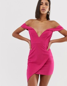 Платье мини с открытыми плечами, глубоким вырезом и асимметричным запахом Love Triangle - Розовый