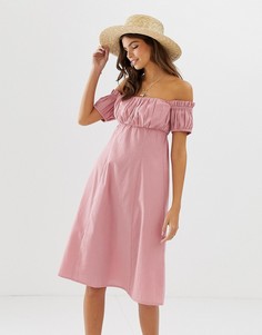 Сарафан миди с открытыми плечами и сборками ASOS DESIGN - Розовый