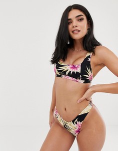 Плавки бикини с высоким вырезом бедра и тропическим принтом River Island - Черный