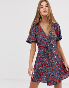 Разноцветное чайное платье мини с пуговицами Miss Selfridge - Синий