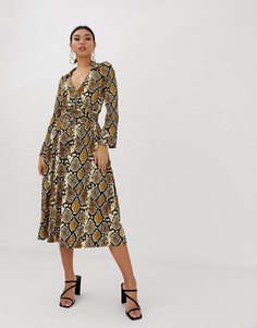 Приталенное платье-рубашка миди с поясом и змеиным принтом ASOS DESIGN - Мульти