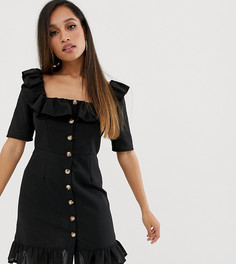 Платье мини на пуговицах с квадратным вырезом и оборками ASOS DESIGN Petite - Черный