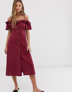 Фиолетовое платье миди на пуговицах с открытыми плечами и оборкой Miss Selfridge - Фиолетовый