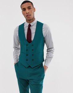 Сине-зеленый льняной приталенный жилет ASOS DESIGN wedding - Синий