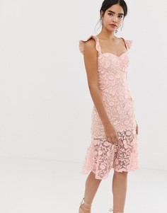 Розовое кружевное платье миди с вышивкой и отделкой на плечах Jarlo - Розовый