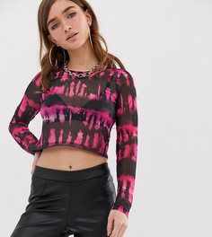 Сетчатый топ с длинными рукавами и неоновым принтом тай-дай ASOS DESIGN Petite - Розовый