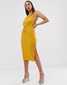 Плиссированное платье миди с затягивающимся шнурком на талии ASOS DESIGN - Желтый