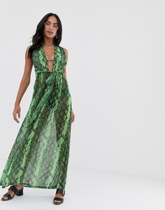 Зеленое пляжное длинное платье халтер со змеиным принтом PrettyLittleThing - Мульти