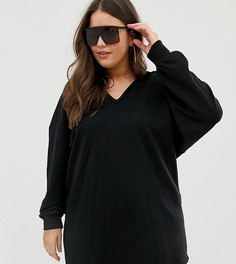 Платье-свитшот с капюшоном и V-образным вырезом ASOS DESIGN Curve - Черный