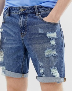 Темно-синие джинсовые шорты слим с рваной отделкой ASOS DESIGN - Синий