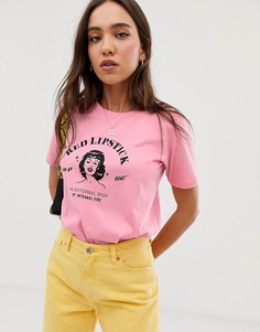 Розовая футболка с принтом red lipstick Stradivarius - Розовый