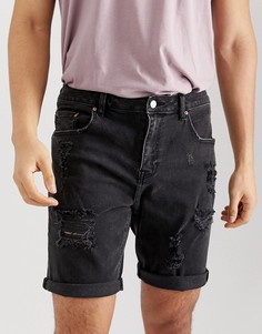 Черные выбеленные джинсовые шорты узкого кроя с рваной отделкой ASOS DESIGN - Черный