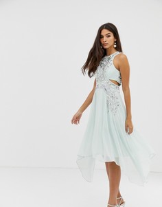 Платье миди с вырезами, вставками с отделкой и асимметричным краем ASOS DESIGN - Зеленый