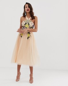 Платье миди с отделкой и цветочной вышивкой ASOS DESIGN - Розовый