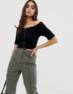 Топ из гофрированной ткани со шнуровкой и открытыми плечами ASOS DESIGN - Черный