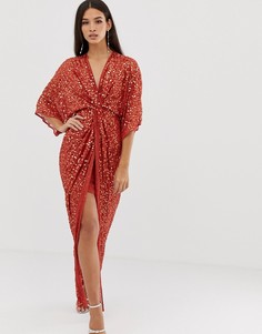 Платье-кимоно макси с перекрученной отделкой спереди и пайетками ASOS DESIGN - Коричневый