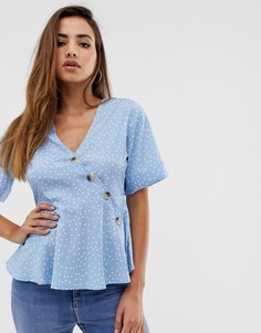 Бледно-синяя блузка в горошек с декоративными пуговицами PrettyLittleThing - Мульти