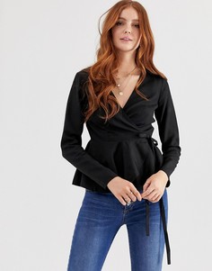 Лонгслив из материала с добавлением льна и с запахом и баской ASOS DESIGN - Черный