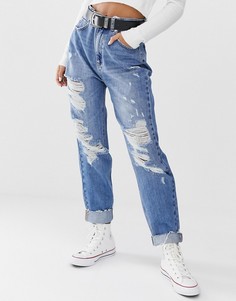 Синие джинсы в винтажном стиле с рваной отделкой Pull&Bear - Синий