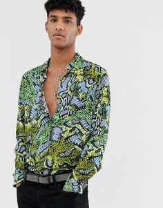 Неоново-зеленая рубашка классического кроя со змеиным принтом ASOS DESIGN - Зеленый