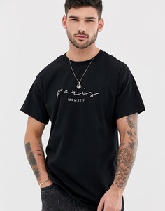 Черная oversize-футболка с вышивкой Paris New Look - Черный