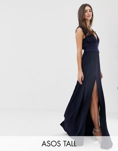 Плиссированное платье макси с кружевными вставками ASOS DESIGN Tall Premium - Темно-синий
