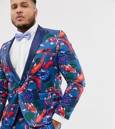 Приталенный пиджак-смокинг с принтом рыб ASOS DESIGN Plus - Синий