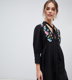 Чайное платье мини на пуговицах с вышивкой ASOS DESIGN Petite - Черный