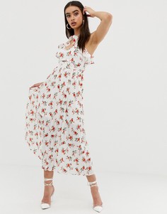 Платье миди с плиссировкой и цветочным принтом Fashion Union - Белый