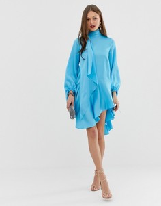 Атласное платье миди с завязкой на шее и oversize-рукавами ASOS DESIGN - Синий