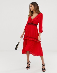 Плиссированное платье миди с контрастными кружевными вставками и оборками Liquorish - Красный