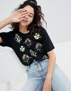 Футболка с цветочной вышивкой Monki - Черный