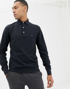 Черное приталенное поло из пике с длинными рукавами и логотипом Tommy Hilfiger - Черный